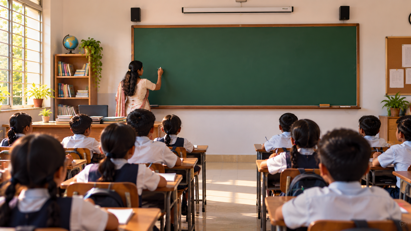 Sunlit Classroom with Teacher and Students